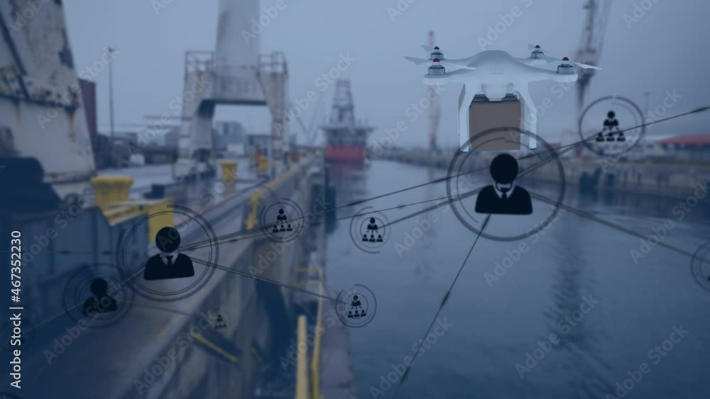 Animation of network of connections with icons over drone carrying box and port in background Animation of network of connections with icons over drone carrying box and port in background