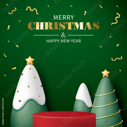 Red pedestal or podium with pine trees, snow and pearls on green background.  Christmas concept. Vector illustration for product demonstration, banner, poster, flyer, advertisement.