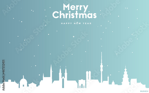 Christmas and new year blue greeting card with white cityscape of Munich