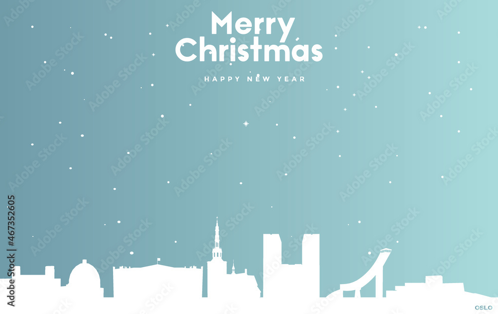 Christmas and new year blue greeting card with white cityscape of Oslo Christmas and new year blue greeting card with white cityscape of Oslo