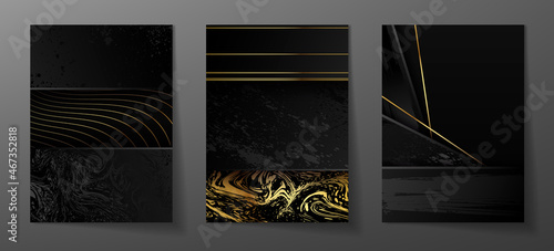 Luxury paper cut background, Abstract decoration, golden pattern, halftone gradients, 3d Vector illustration. Black, white, blue, gold waves Cover template, geometric shapes, modern minimal banner.