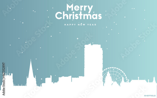 Christmas and new year blue greeting card with white cityscape of Sheffield