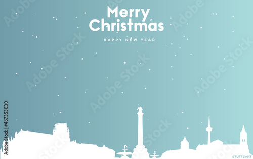 Christmas and new year blue greeting card with white cityscape of Stuttgart