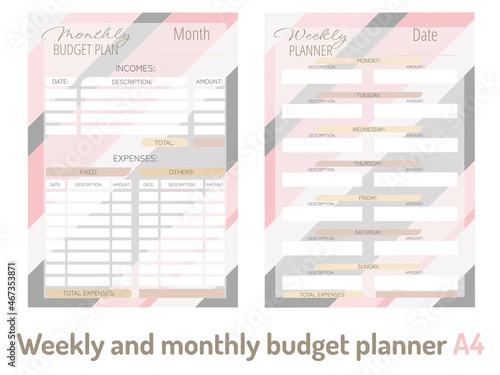 Personal monthly and weekly budget planner in a4 format. Finance, income and expenses.