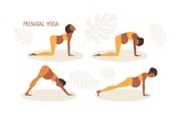 Prenatal yoga. Pregnant African American woman doing yoga. Woman in sportswear doing floor exercises. Women healthy life style concept. Active lifestyle and baby health care. Various yoga asanas