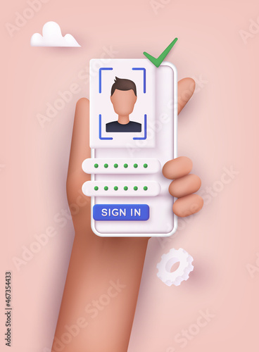 Hand holding mobile smart phone with face recognition app. 3D Web Vector Illustrations.
