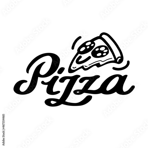 Pizza logo, elegant hand-lettering calligraphy vector with triangular slice of pizza. For pizzerias, restaurants, cafes, brand name, menu, pizza fest.