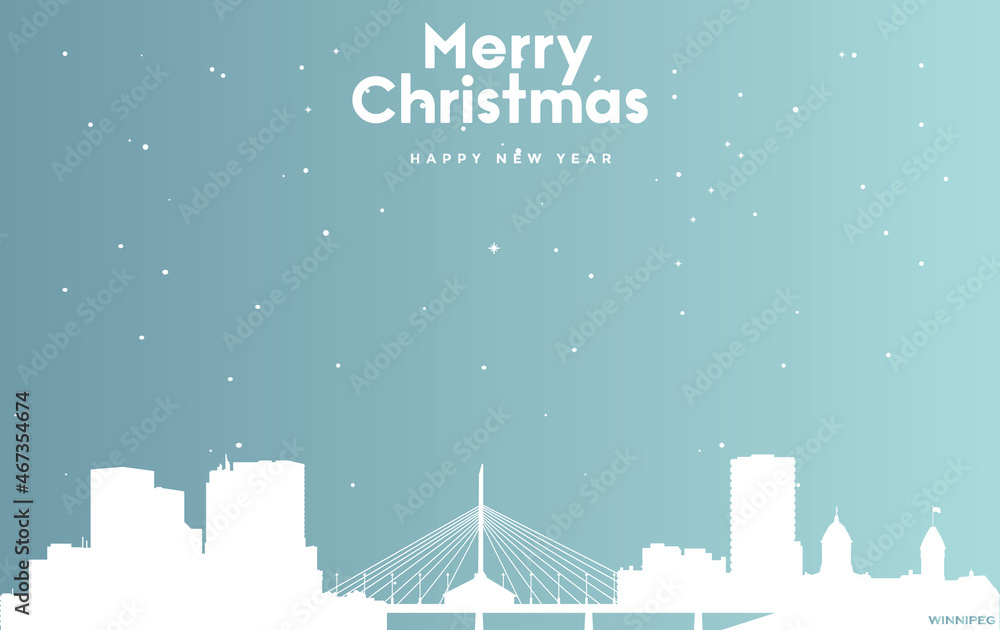 Christmas and new year blue greeting card with white cityscape of Winnipeg