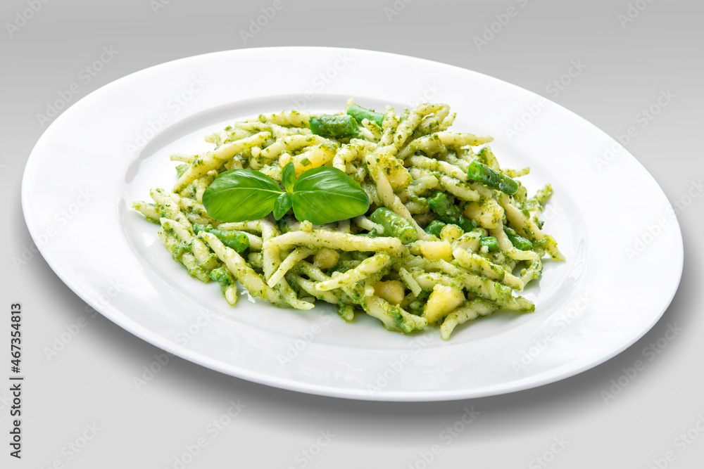 Plate of trofie pasta with Genoese pesto