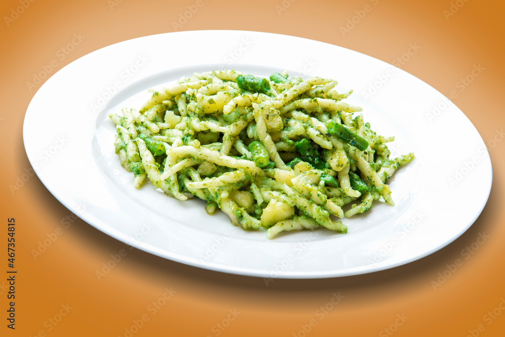 Plate of trofie pasta with Genoese pesto