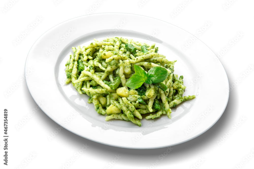 Plate of trofie pasta with Genoese pesto