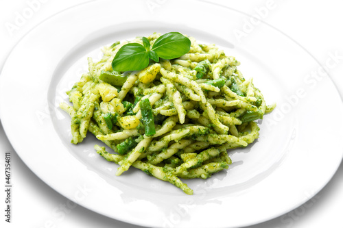 Plate of trofie pasta with Genoese pesto