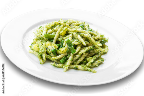 Plate of trofie pasta with Genoese pesto