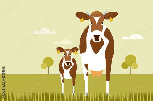 Illustration of a cow and a calf standing on a grassy field