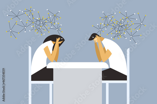 Illustration of a thinking man and a woman with network of thought connections coming out from their brain