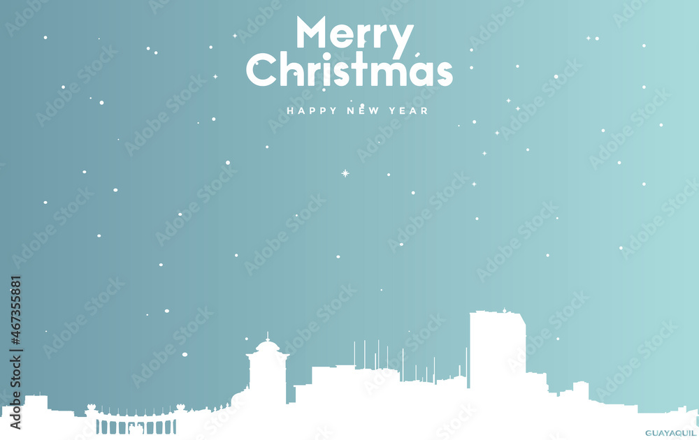 Christmas and new year blue greeting card with white cityscape of Guayaquil