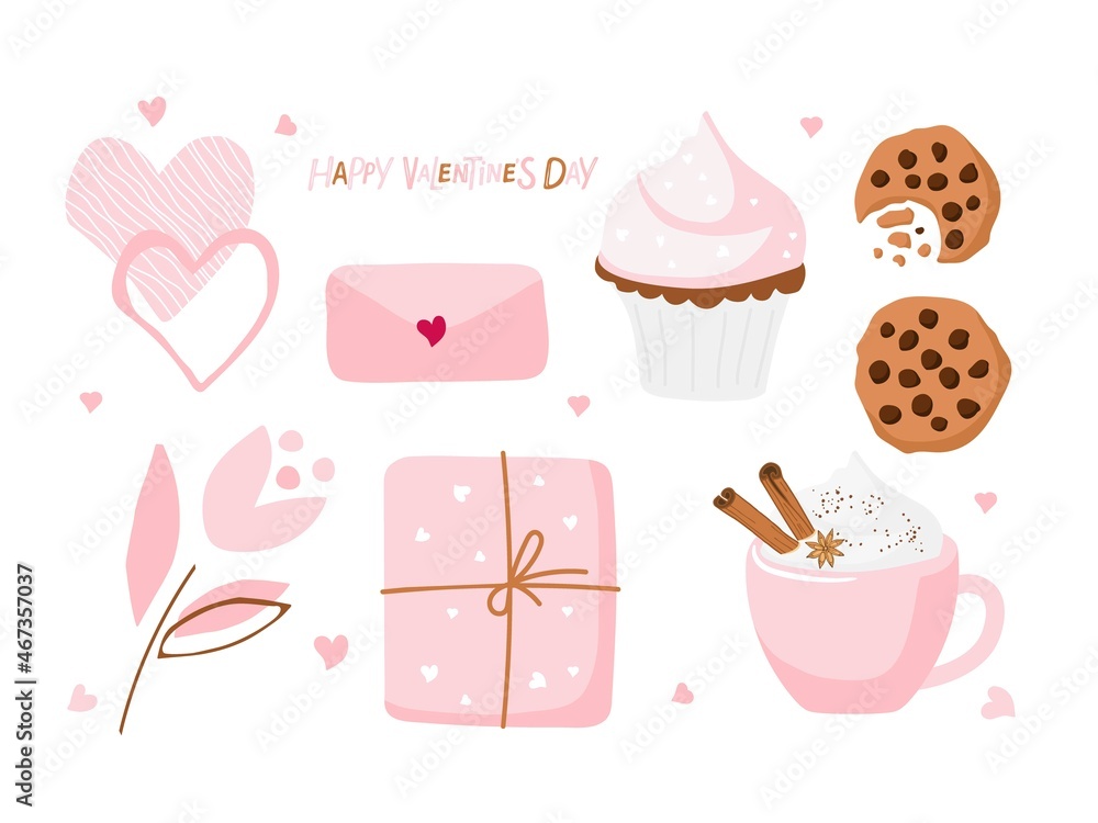 St. Valentine's Day decorative elements and Happy Valentine's Day text. Baking, hot drink, hearts, gift, envelope, flower. Romantic illustrations set on white background. Love day vector cliparts. St. Valentine's Day decorative elements and Happy Valentine's Day text. Baking, hot drink, hearts, gift, envelope, flower. Romantic illustrations set on white background. Love day vector cliparts.