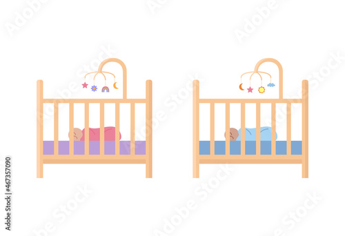 Cribs for baby girl and boy. Child cots isolated. Baby sleeping in bed with toy carousel for nursery interior. Vector flat illustration