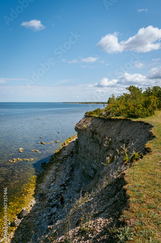 Aerial view over the Baltic sea from the Panga cliff in Saaremaa  Estonia during sunny day. the highest bedrock outcrop in western Estonia