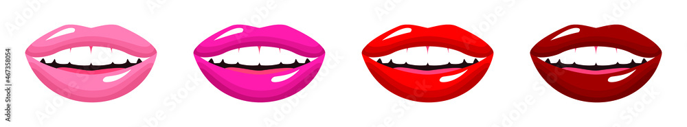 Vector set of female smiling mouths with pink and red lips. Lipstick or lip gloss palette Vector set of female smiling mouths with pink and red lips. Lipstick or lip gloss palette