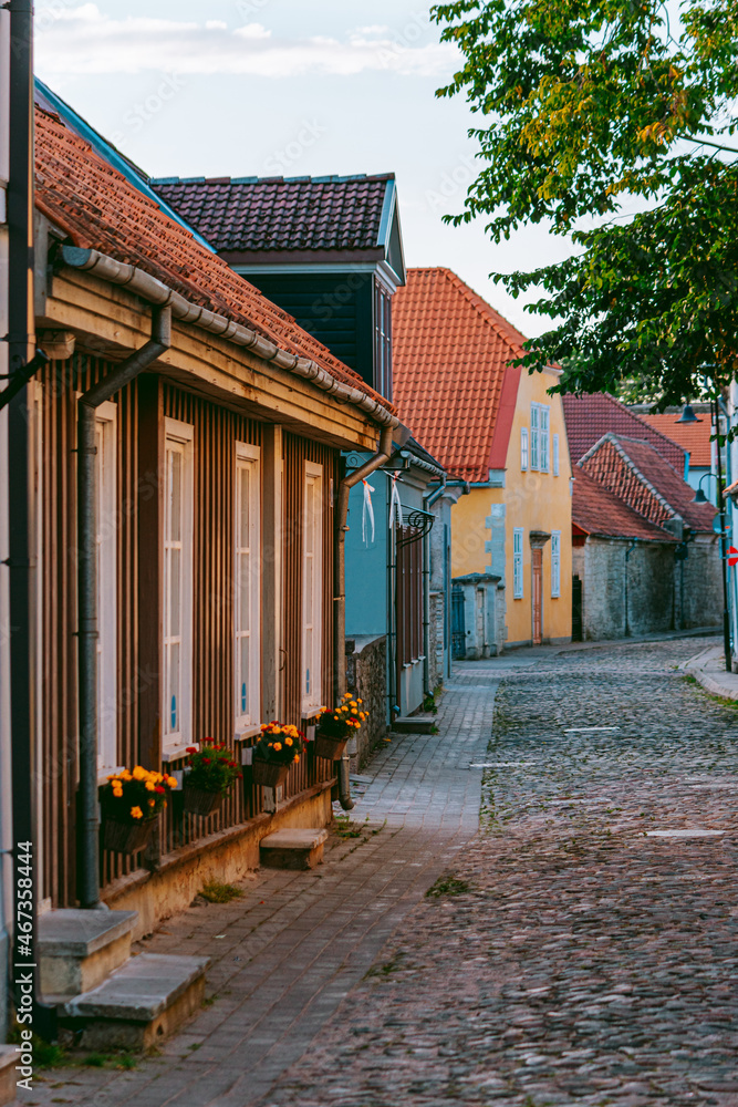 Streets of Kuressaare, the largest city of Saaremaa, Estonia. Narrow streets, cafes, small old buildings