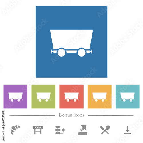 Single mine cart flat white icons in square backgrounds
