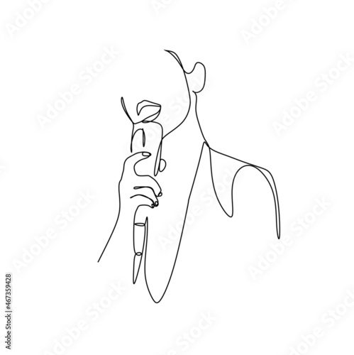 continuous drawing of a single line silhouette of a woman with a microphone in her hand in a minimalist style