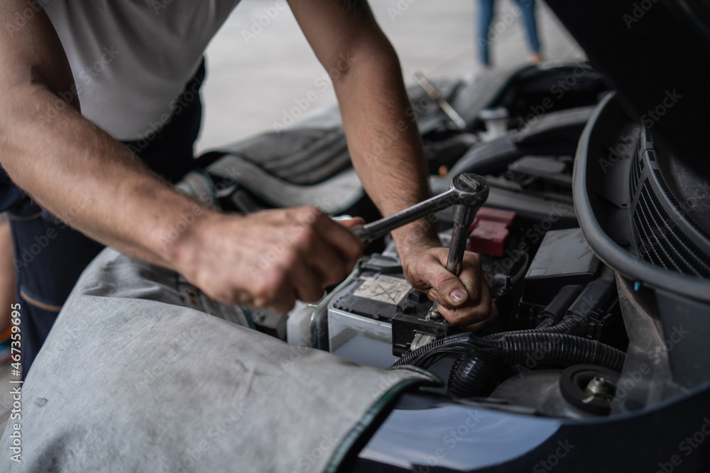Mechanic changing engine, service car workshop automobile. professional man shop maintenance Mechanic changing engine, service car workshop automobile. professional man shop maintenance