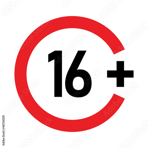 16 plus sign. Sixteen. For adults only. Age restrictions, censorship, parental control. Icon for content, movies, alcohol, night clubs and bars.