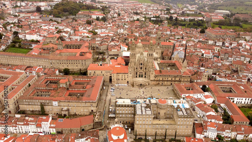 Aerial view of the city main square cathedral of Santiago de Compostela World Heritage Site in Galicia, Spain