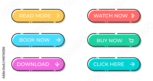 Set of vector modern trendy flat outline buttons. Different colors of main shapes and icons with black stroke frames.