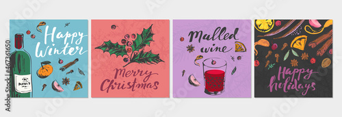 Hand drawn winter holiday cards with  mulled wine recipe and ingredients illustration