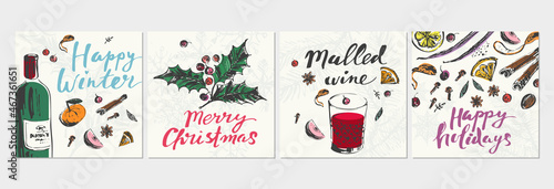 Hand drawn winter holiday cards mulled wine recipe and ingredients illustration