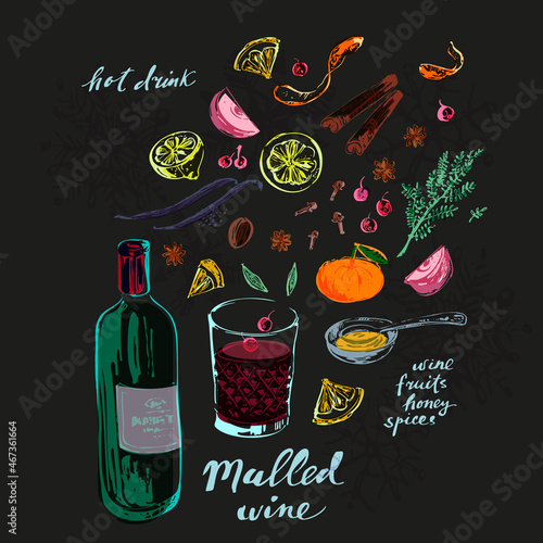 Hand drawn chalk mulled wine recipe and ingredients illustration