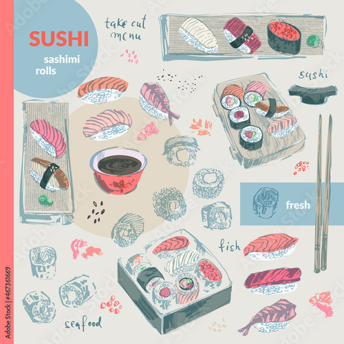 Hand drawn ink sketch of sushi, sashimi, rolls on board, in box, soy sauce, chopstcks  colorful set. Asian food illustration for menu design, food background, japonese cuisine design.