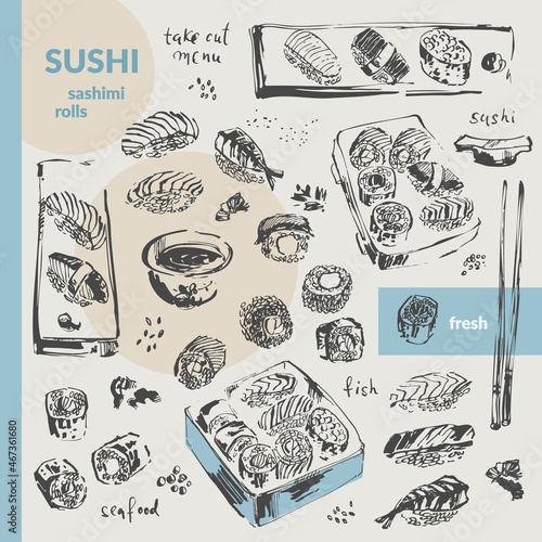Hand drawn ink sketch of sushi, sashimi, rolls, soy sauce, stcks set.