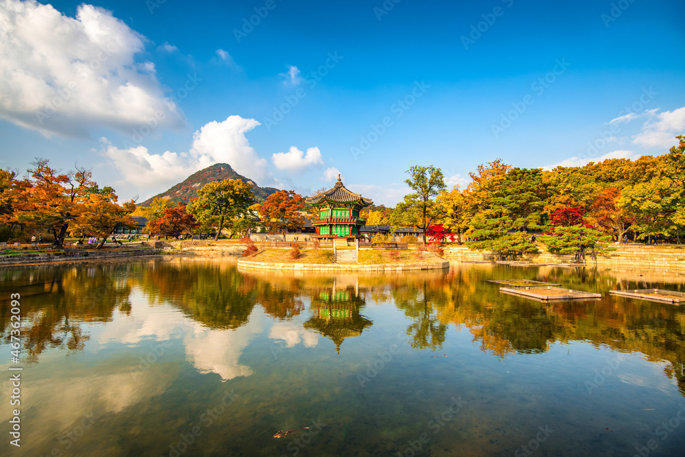 autumn landscape with lake and mountains Seoul, South Korea.