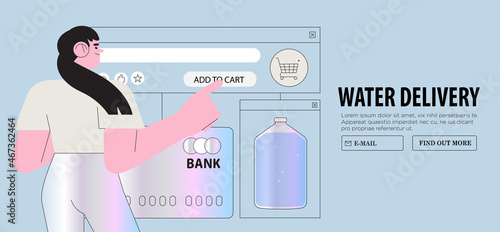 Woman oder online on website bottled clean spring water for office or home use. Web page with water delivery store or service. Vector illustration template for advertisement, banner and social media.