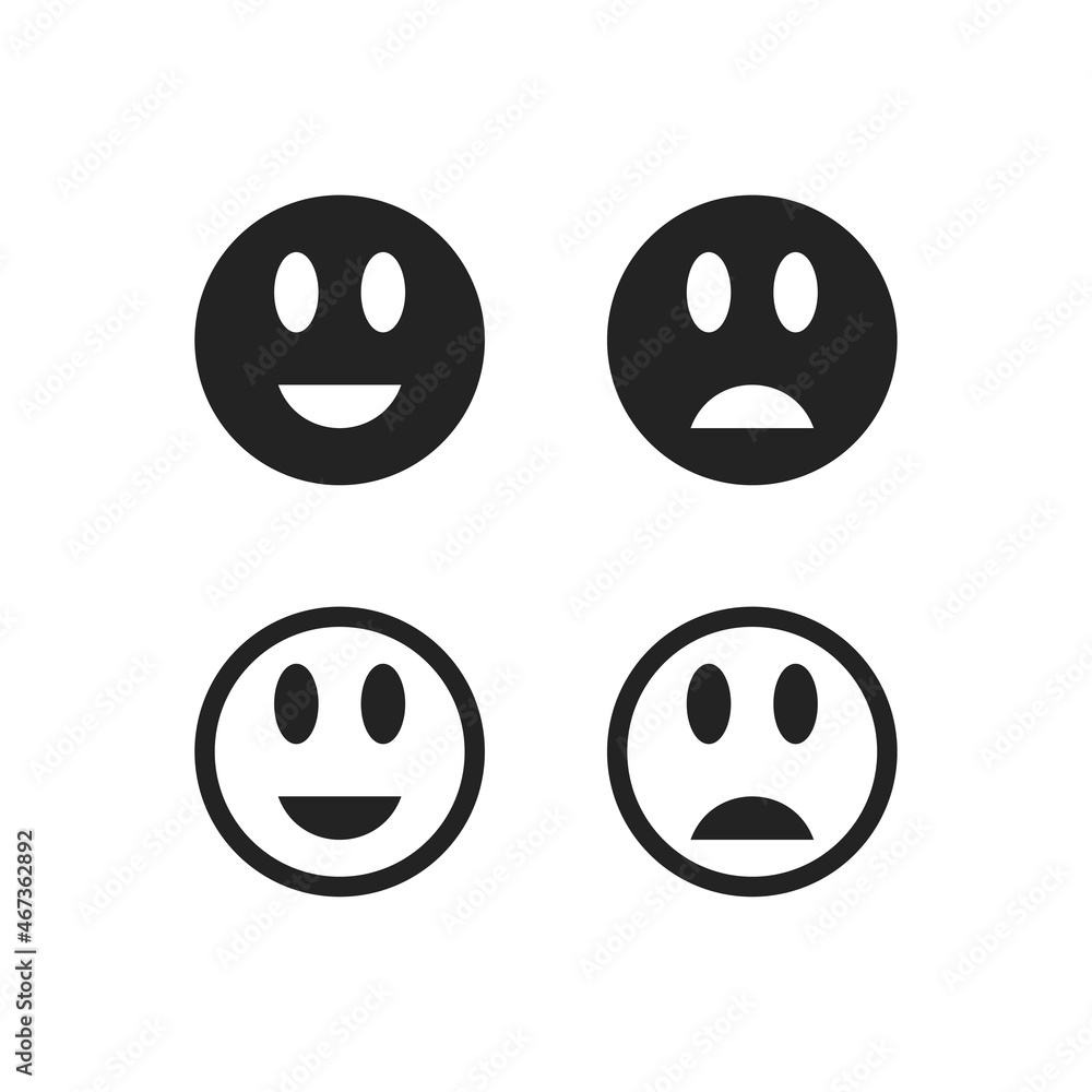 Happy smile icon on white background. Vector emoticon set. Simple vector symbol. EPS10. Sad face. Smiley. Black icon. Happy smile icon on white background. Vector emoticon set. Simple vector symbol. EPS10. Sad face. Smiley. Black icon.