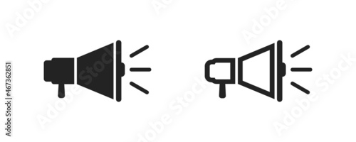 Megaphone icon on white background. Flat set with bullhorn icon for web design. Vector graphic. Simple vector illustration. Loudspeaker symbol. Black isolated megaphone.
