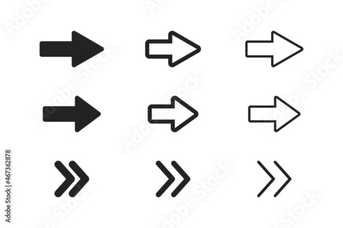 Right arrow icon. Simple vector symbol. Forward icon set. White background. Navigation pointer. Vector graphic. Sign arrows.