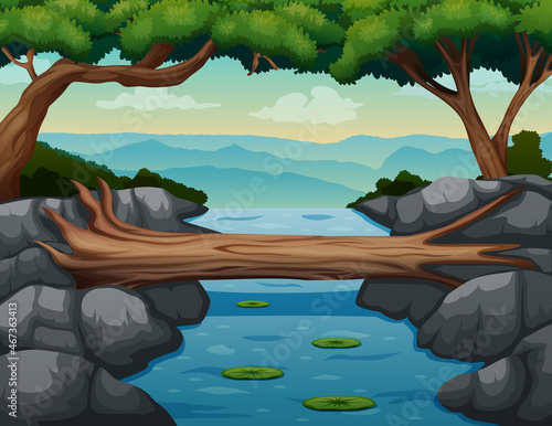 Illustration of river scene with a log bridge