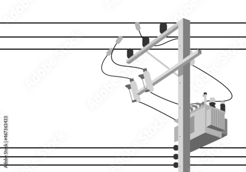 Cement high voltage electric pole power with transformer and drop fuse on white background flat vector design.