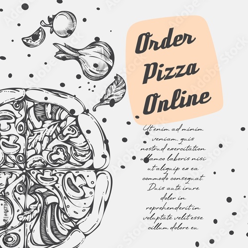 Order pizza online, pizzeria promo monochrome