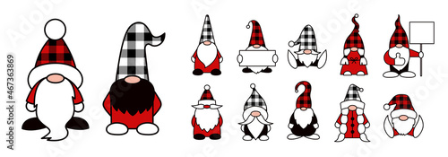 Christmas gnomes isolated illustrations. Buffalo check plaid. Red black and white colors. Set of vector cartoon garden gnome characters