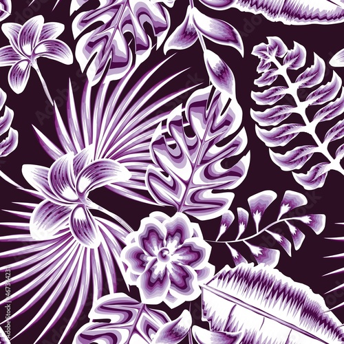 monochromatic color stylish tropical jasmine flowers with shining abstract banana monstera plants leaves and foliage on dark background. Floral background. Exotic tropics. Summer design. fashionable 