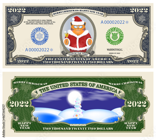 Holiday banknotes in the style of US paper money. Merry Christmas and Happy New Year. 2022 dollars. Red cat dressed as Santa Claus and a night landscape with a snow-covered fir tree with toys