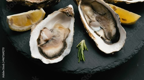 Fresh oysters with lemon and rosmarine spinning on black round platter Closeup view from above photo