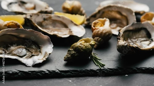 Beautiful set of seafood on black table. Oysters with snails served with lemon and rosmarine photo