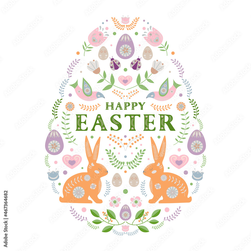 Fototapeta premium Happy Easter. Folk Easter egg with floral motifs, bunnies and birds.